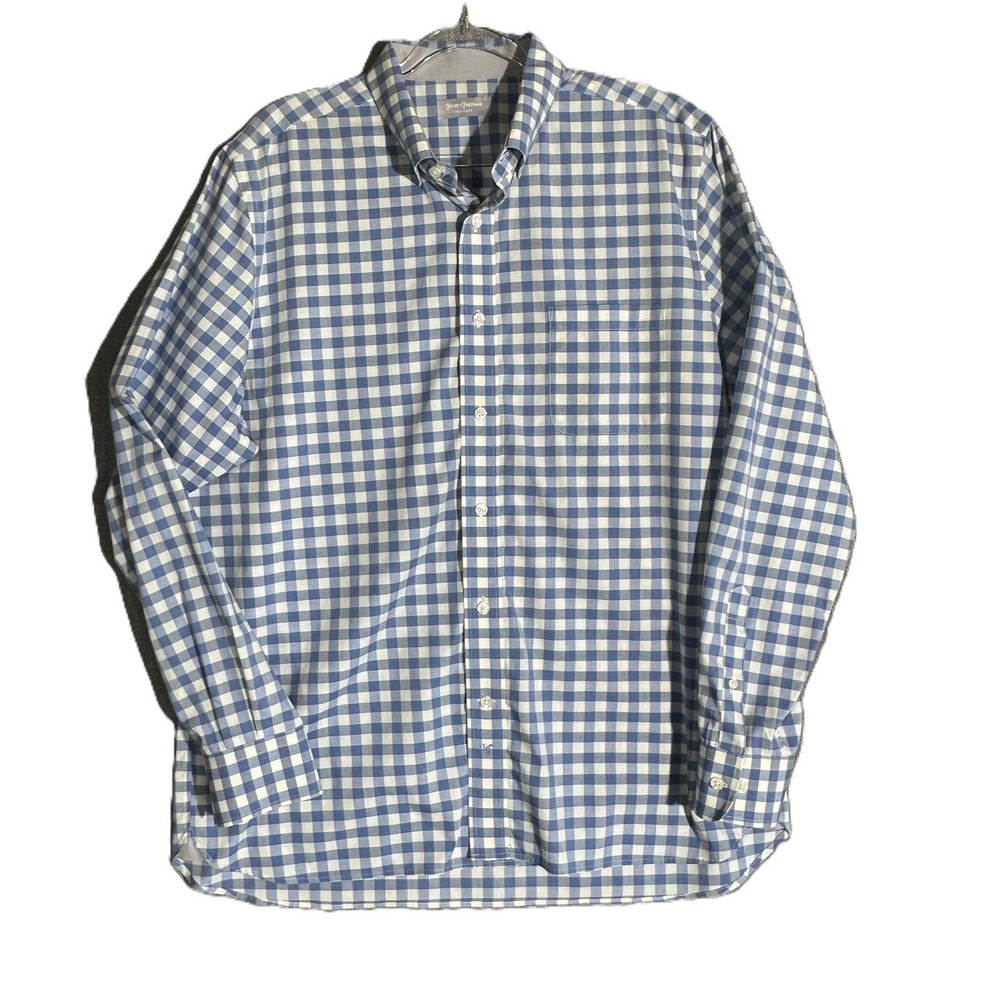 Hickey Freeman Button Down Shirt Mens Large Blue Gingham Check Long Sleeve
